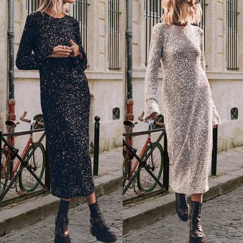Damen Glitzerndes Midikleid mit elegantem Rundhalsausschnitt und figurschmeichelndem Schnitt W&W Mode