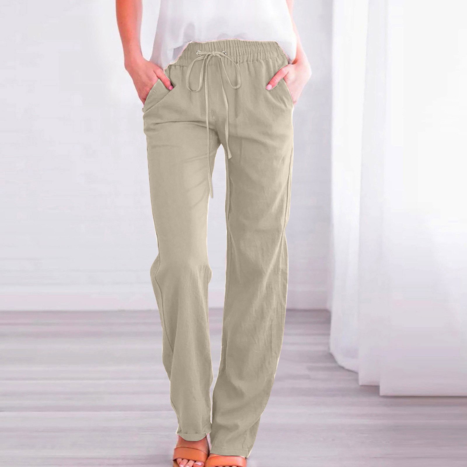 Damen Bequeme Leinen-Hose mit elastischem Bund und Taschen WW