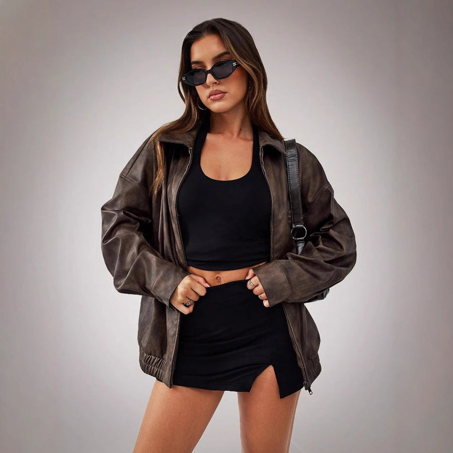 Damen Sportliche Oversized-Lederjacke mit praktischen Taschen und elastischem Saum WW