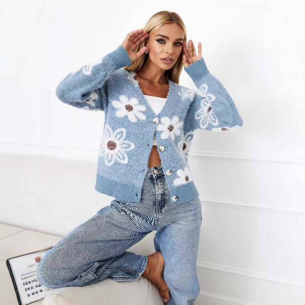 Damen Strickjacke mit floralen Mustern und eleganten Knopfdetails WW