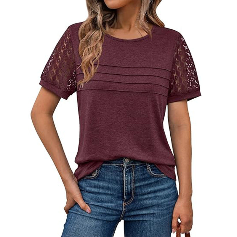 Damen Curvy T-Shirt mit luftigen Spitzeneinsätzen und modischen Rippdetails WW