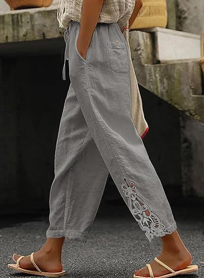 Damen lockere Leinenhose mit dekorativer Stickerei WW