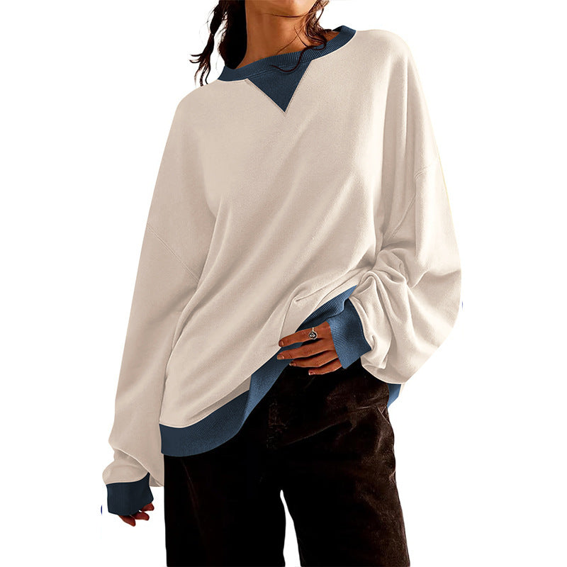 Damen lässiges Sweatshirt mit V-Ausschnitt und Kontrastbündchen WW