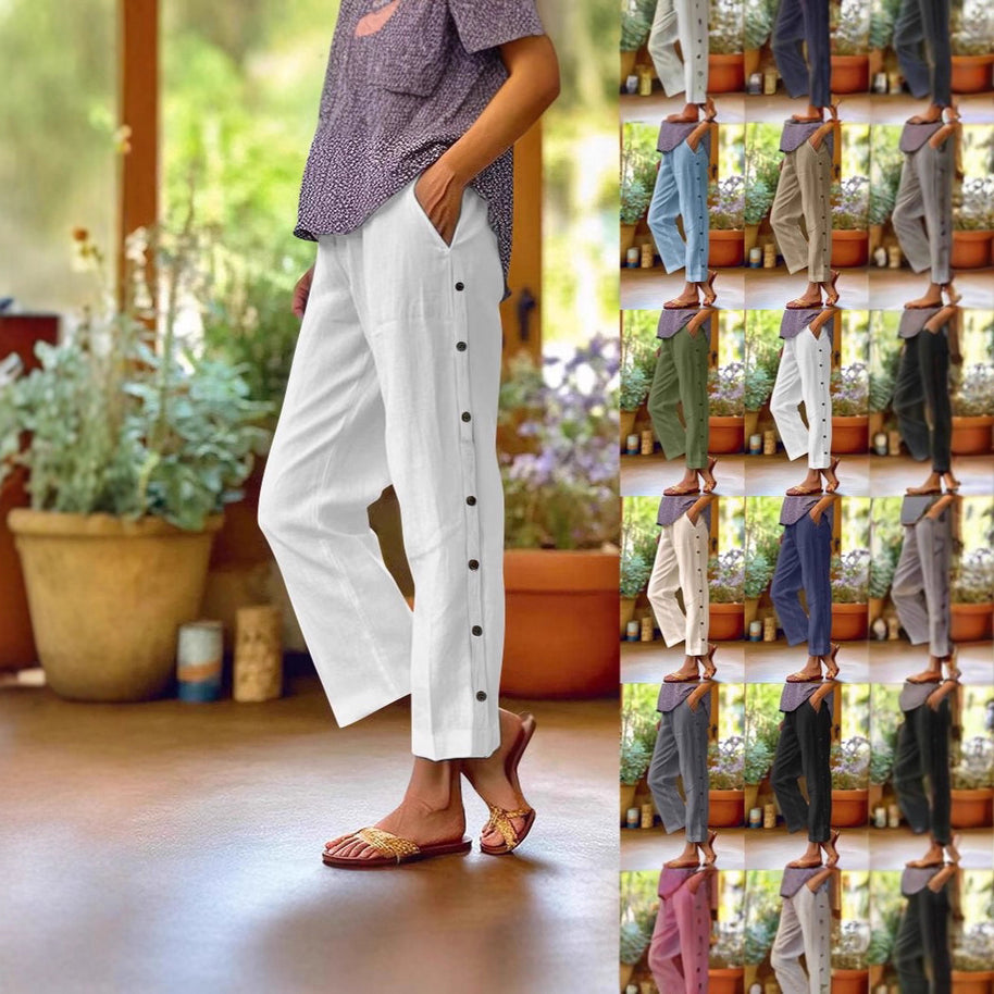 Damen Bequeme Leinenhose mit Knopfdetails WW