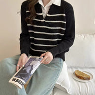 Damen Strickpullover mit V-Ausschnitt und gestreiftem Design WW