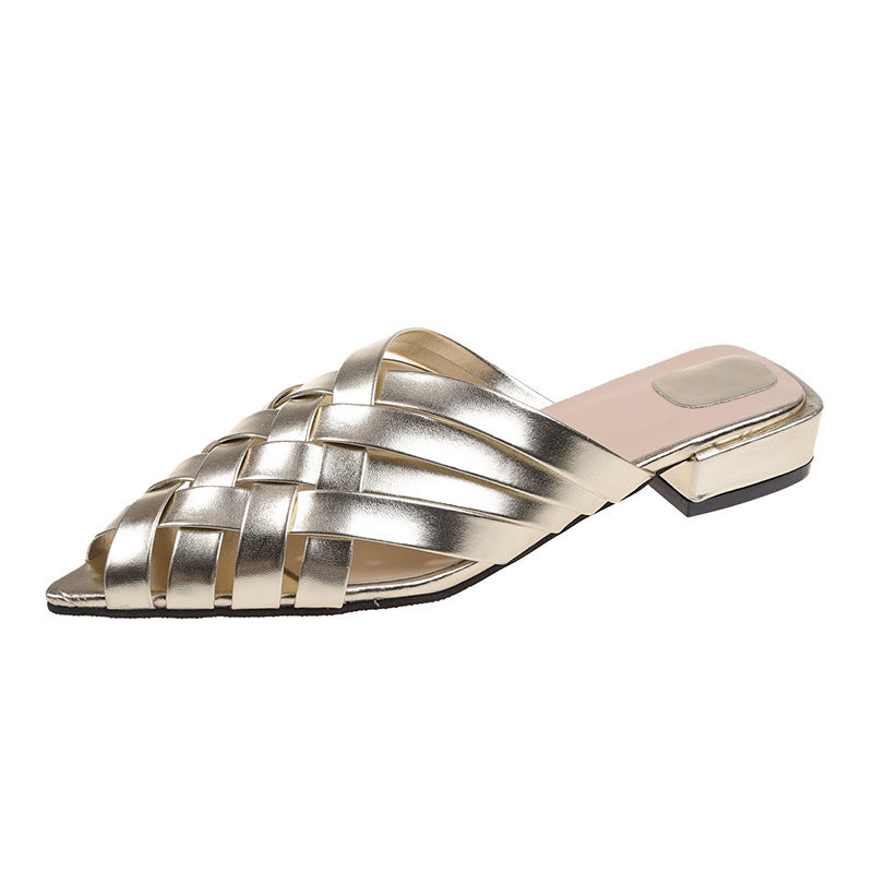 Damen Gewebe Spitz-Zehen Slide Mules mit Dickem Absatz WW