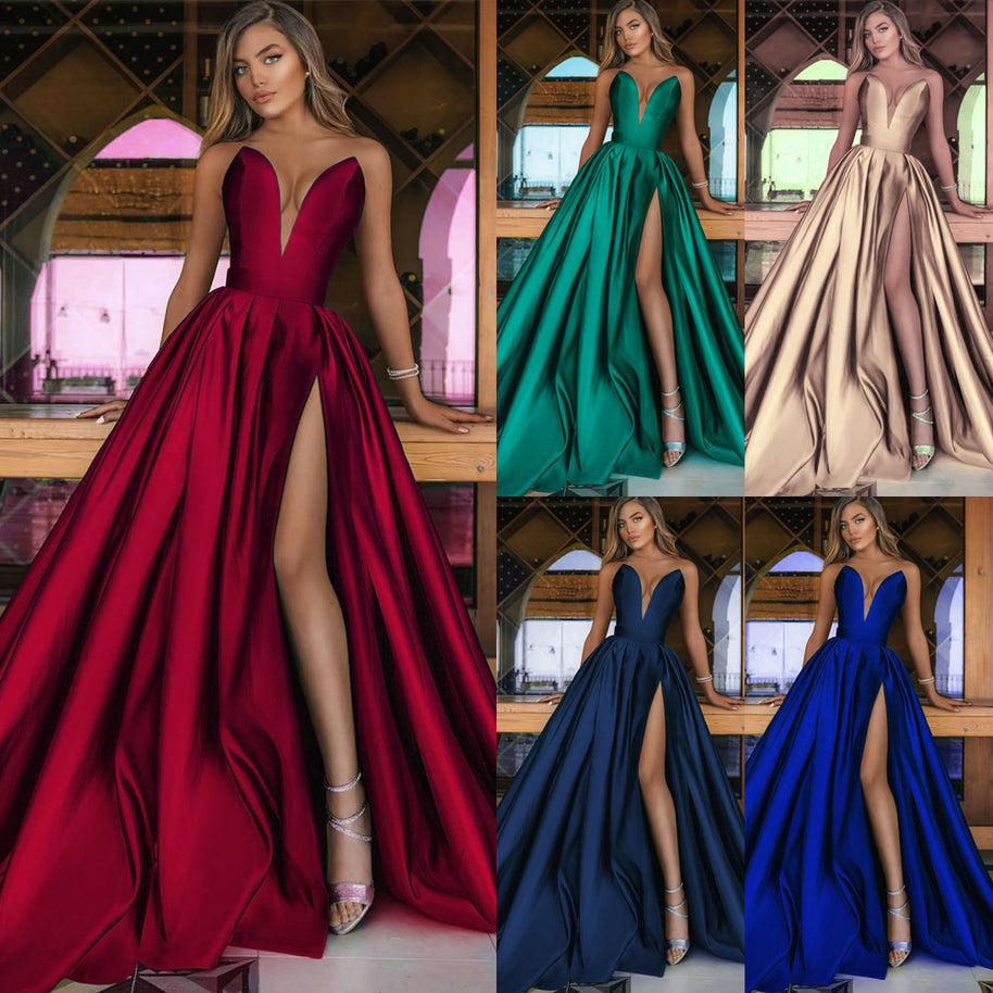 Damen A-Linien Maxikleid mit tiefem V-Ausschnitt und elegantem Schlitz WW