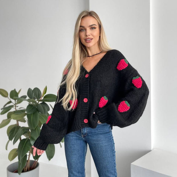 Damen Strickjacke mit verspieltem Erdbeermuster und weiten Ärmeln WW