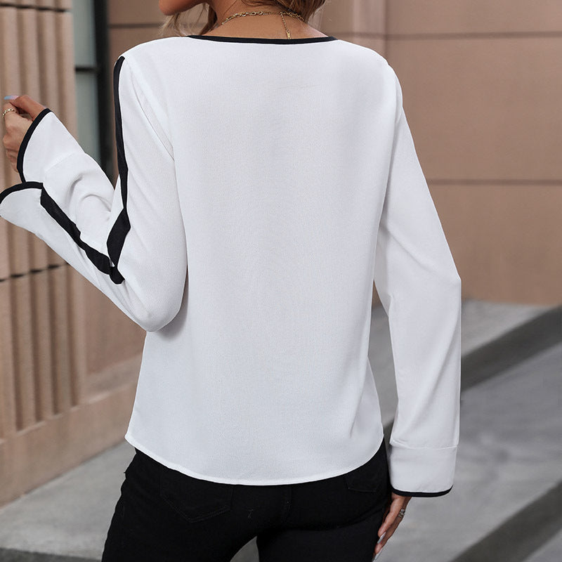 Damen Bluse mit dekorativem Schleifenkragen und kontrastierenden Ärmelabschlüssen WW