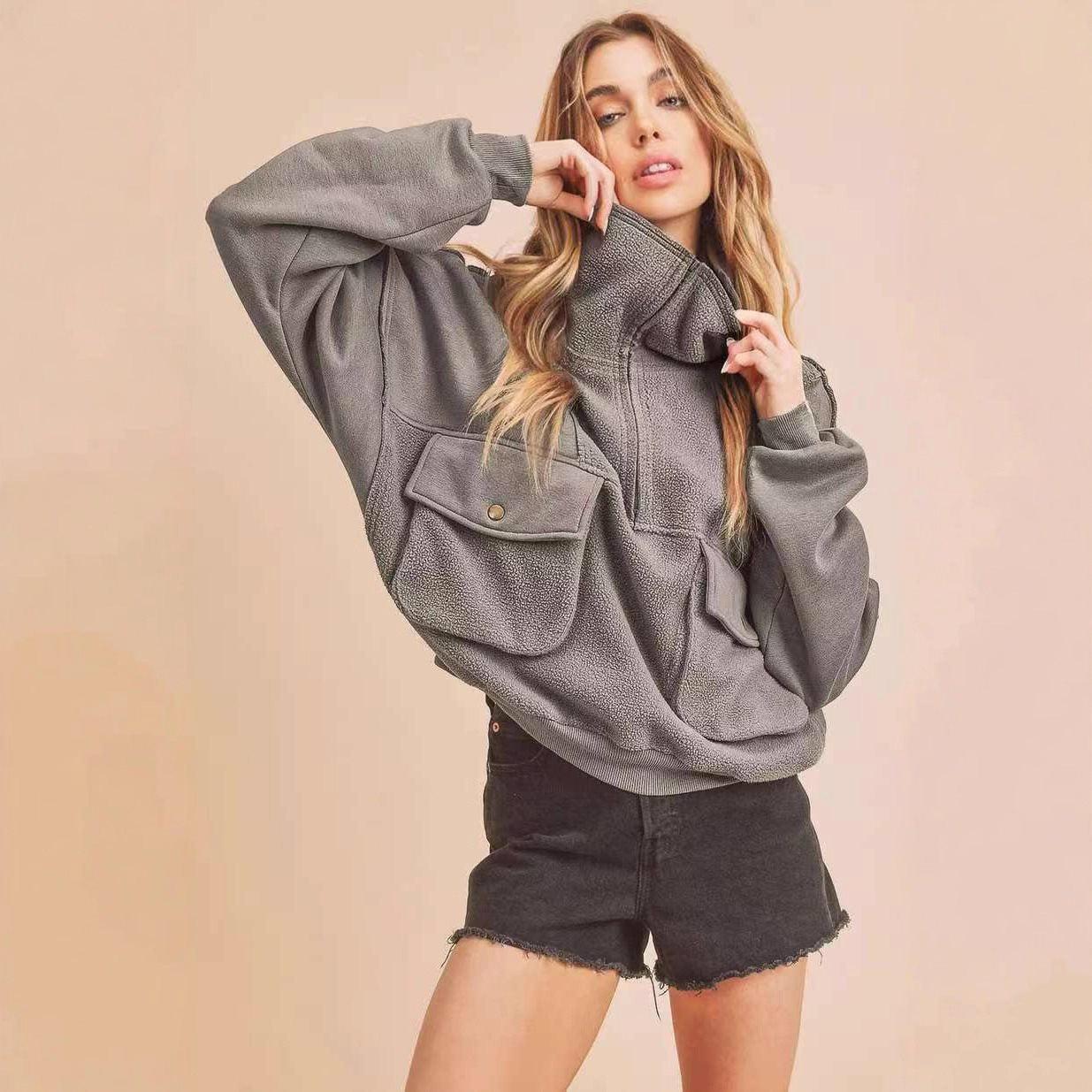 Damen Sportlicher Fleece-Pullover mit Reißverschluss und Tasche WW