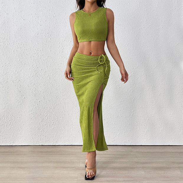 Damen Set aus Crop-Top und Maxirock mit raffinierten Rüschen und seitlichem Schlitz WW