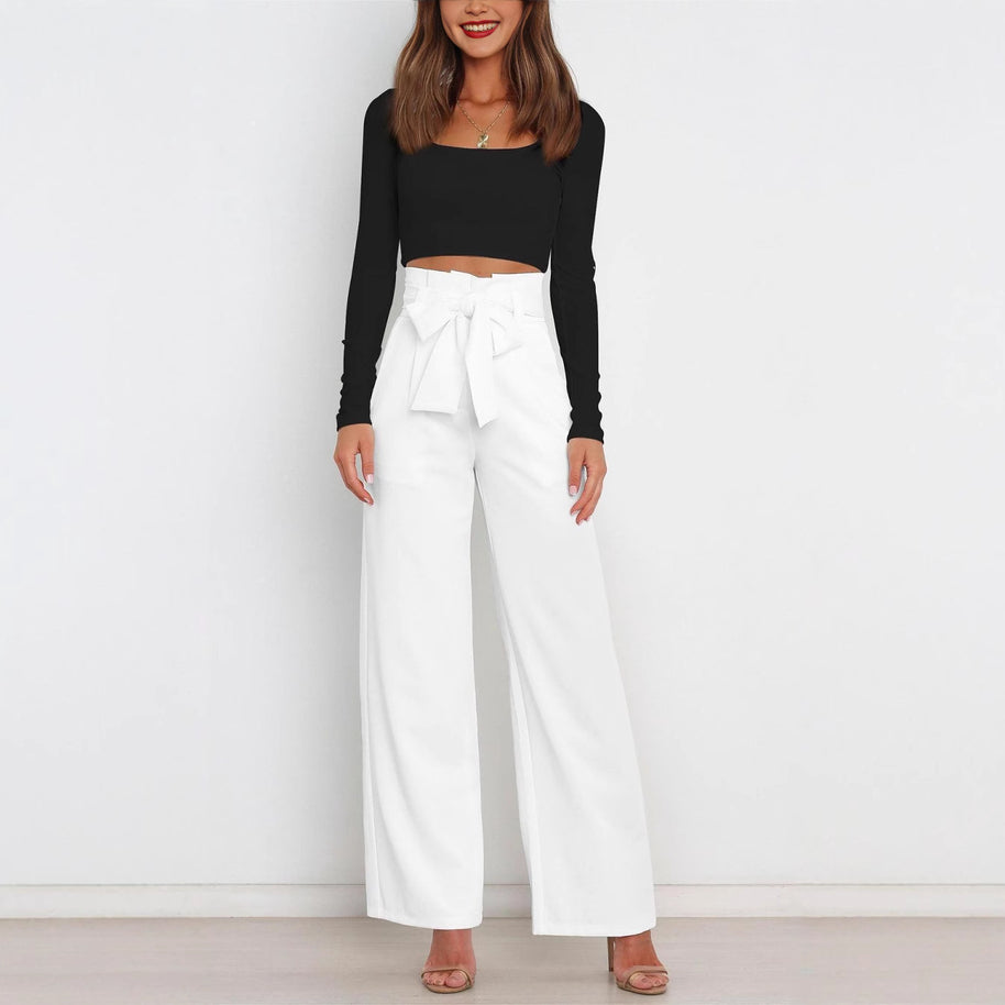 Damen elegante weite Stoffhose mit Taillengürtel WW