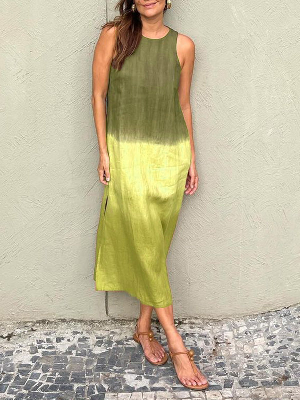 W&W Mode | Baumwolle Leinen Ärmelloses Schlitz Gradient Kleid