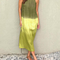 WW | Baumwolle Leinen Ärmelloses Schlitz Gradient Kleid