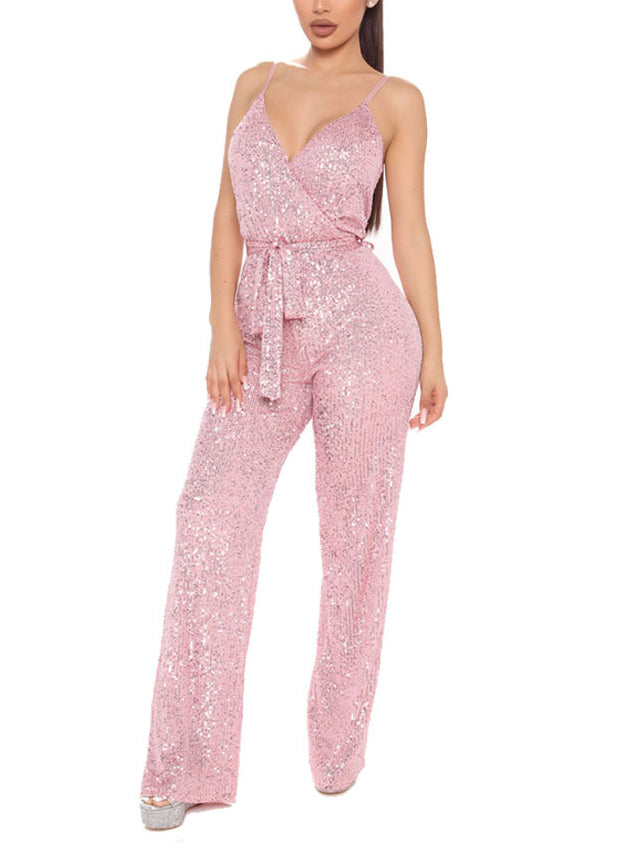 WW | Spaghetti Träger V-Ausschnitt Gürtel Pailletten Jumpsuit