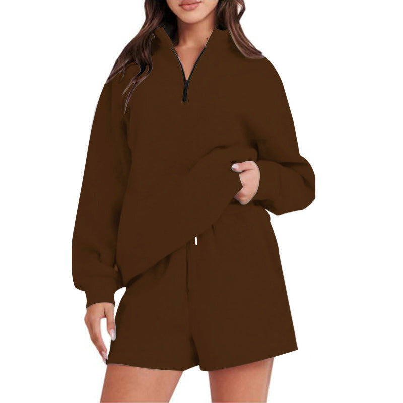 Damen bequemen Freizeit-Sweatanzug mit halbem Reißverschluss und Shorts WW