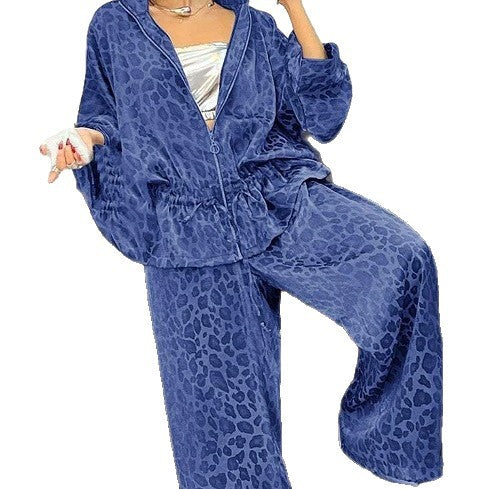 Damen sportlicher Freizeitanzug mit elegantem Leopardenmuster und weiten Hosen WW
