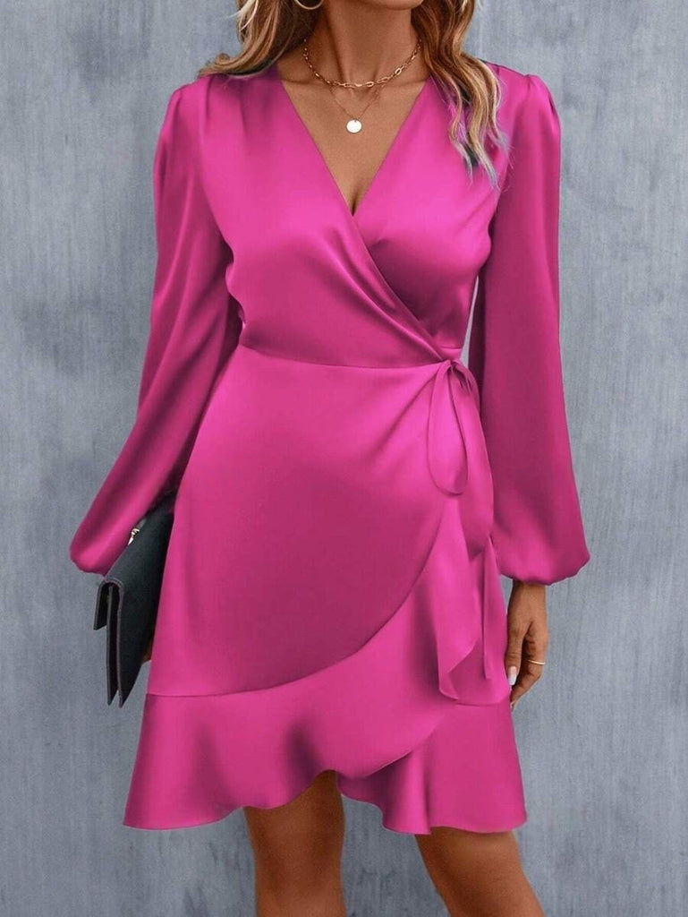 WW | V-Ausschnitt Kleid Satin Taille Eng Niedrig Ausschnitt Lässig Midi Kleid Süß Frauen Kleidung