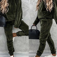 Damen sportliches Velours-Loungewear-Set mit Kapuze und elastischem Bund WW