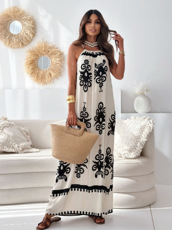 Damen Hals-Würgerei Bohemian Maxi Kleid WW