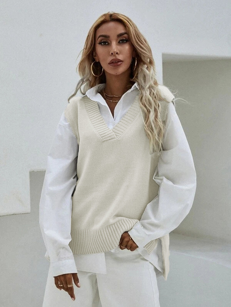 Damen Strickweste mit V-Ausschnitt und geripptem Saum WW