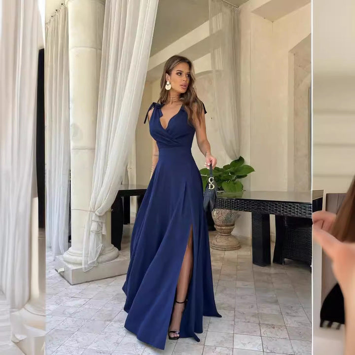 W&W Mode | Einfarbiges Tied Rückenfreies Split Ärmelloses Kleid