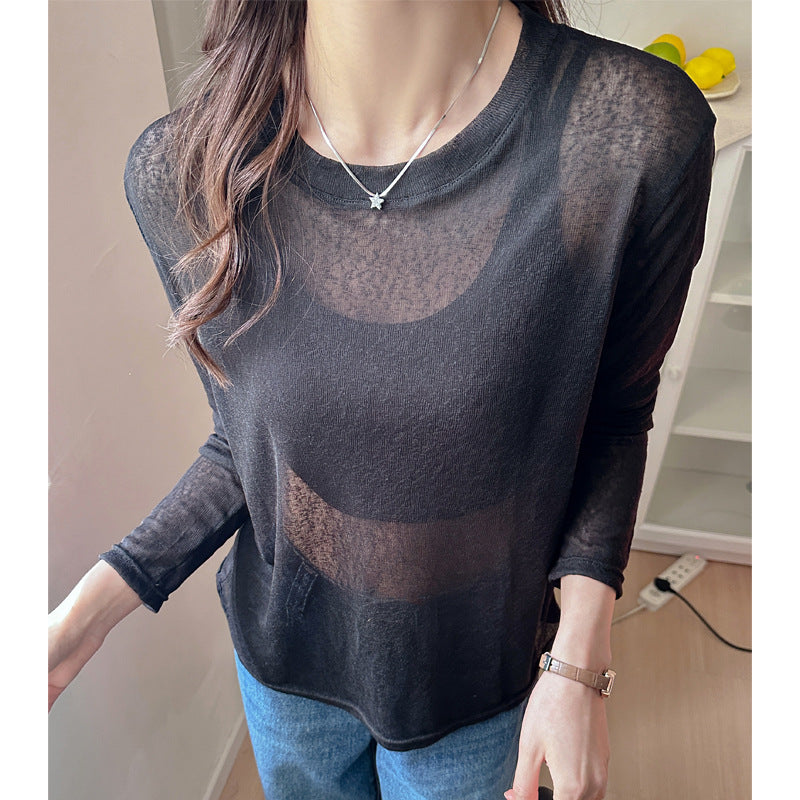 Damen transparentes Langarmshirt aus leichtem, luftdurchlässigem Material WW