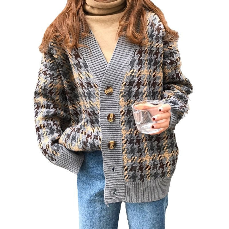 Damen Strickjacke im Hahnentritt-Design mit großen Holzknöpfen WW