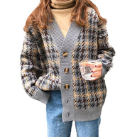 Damen Strickjacke im Hahnentritt-Design mit großen Holzknöpfen WW