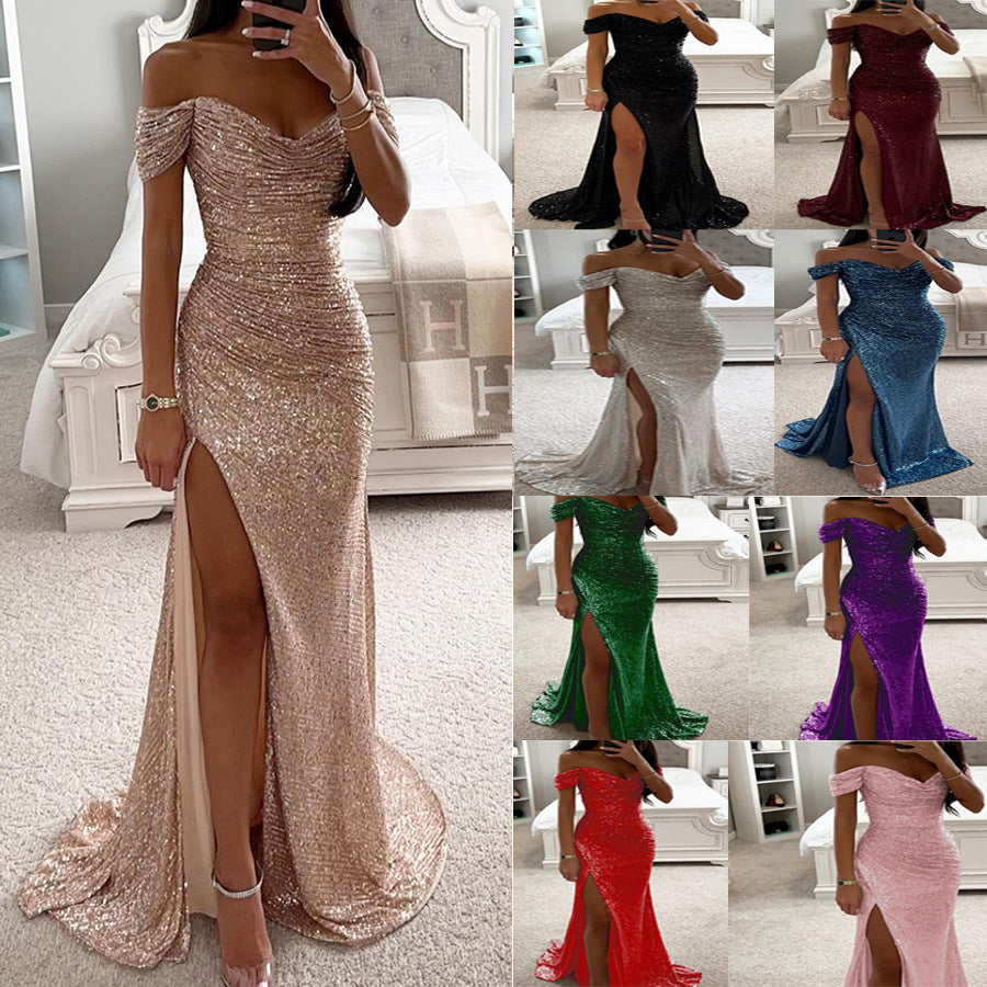 Damen Glitzerndes Abendkleid mit schulterfreiem Design und hohem Schlitz WW