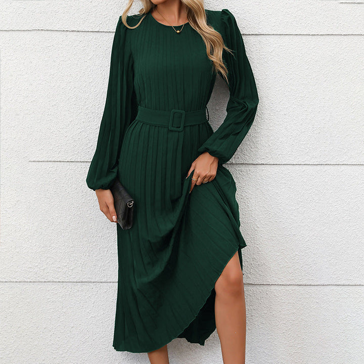 Damen Plisseekleid mit Taillengürtel und langen Ärmeln W&W Mode