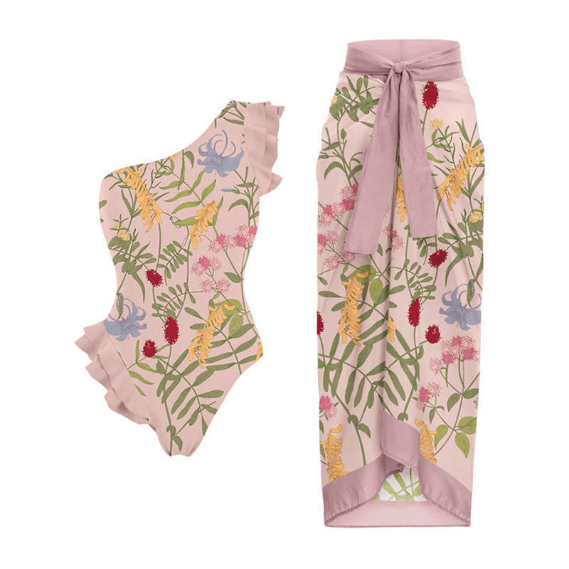 Damen Badeanzug und Wickelrock-Set mit verspieltem Blumenmuster WW