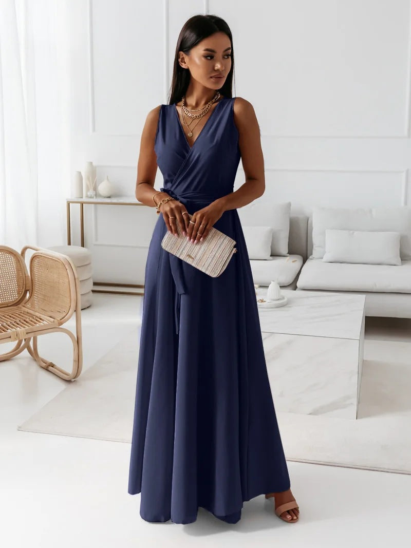 W&W Mode | Bequemes einfarbiges V-Ausschnitt Abendlangen Kleid