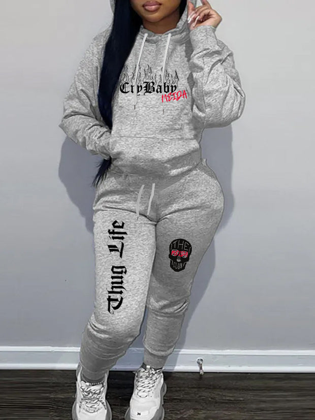 Damen Sportliches Hoodie und Jogginghose Set mit kreativem Aufdruck WW