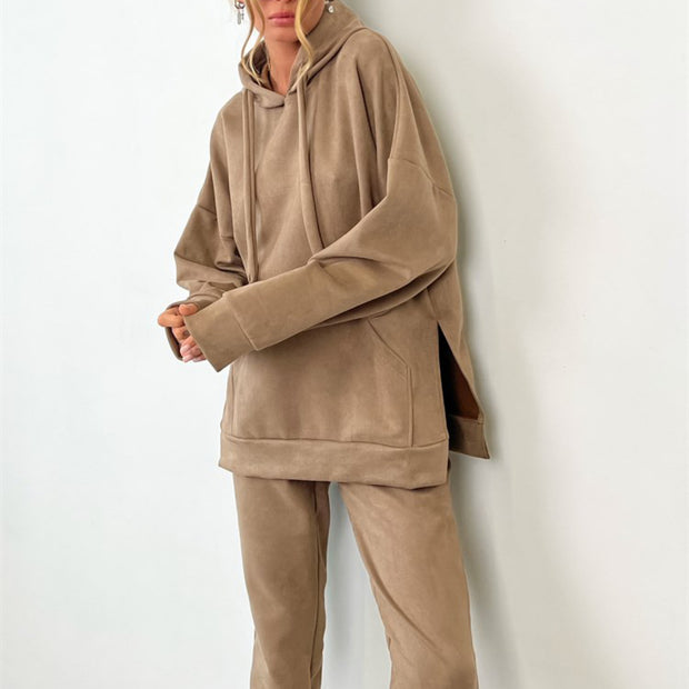 Damen sportliches Fleece-Lounge-Set mit übergroßem Hoodie und elastischen Hosen WW