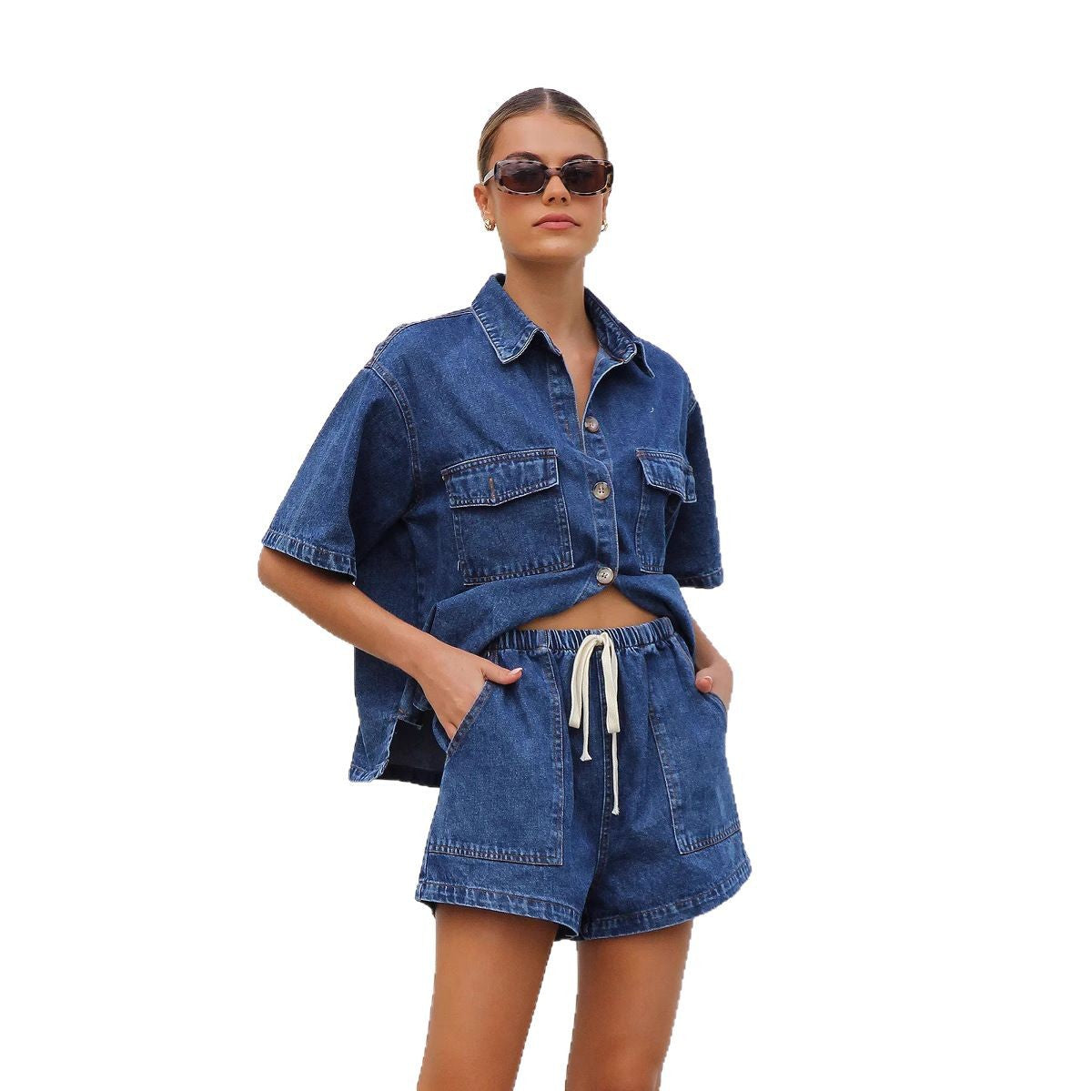 Damen Denim-Crop-Top und Shorts-Set mit praktischen Taschen und lässigem Schnitt WW