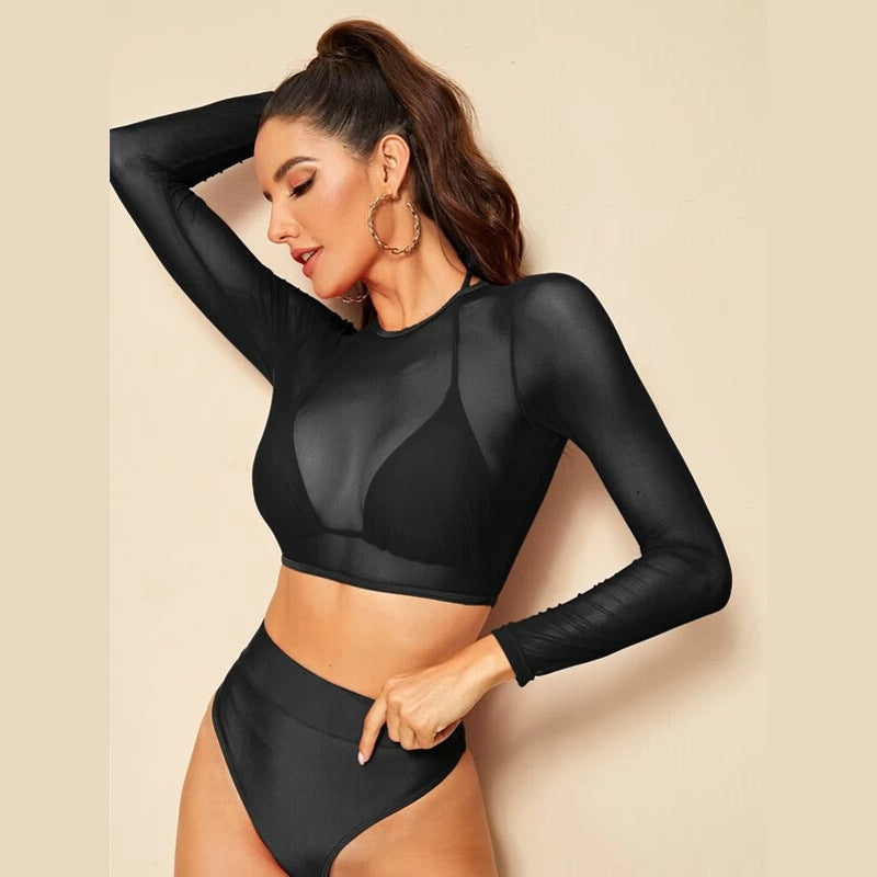 Damen Sport-Bikini-Set mit Langarm-Oberteil und Hoher Taille WW