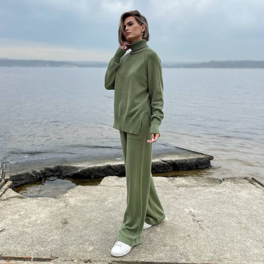 Damen Strick-Loungewear-Set mit hohem Kragen und weitem Schnitt WW