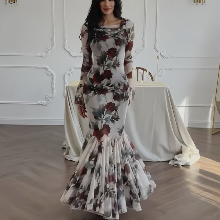W&W Mode | Blumenmuster Langarm Langrock Kleid