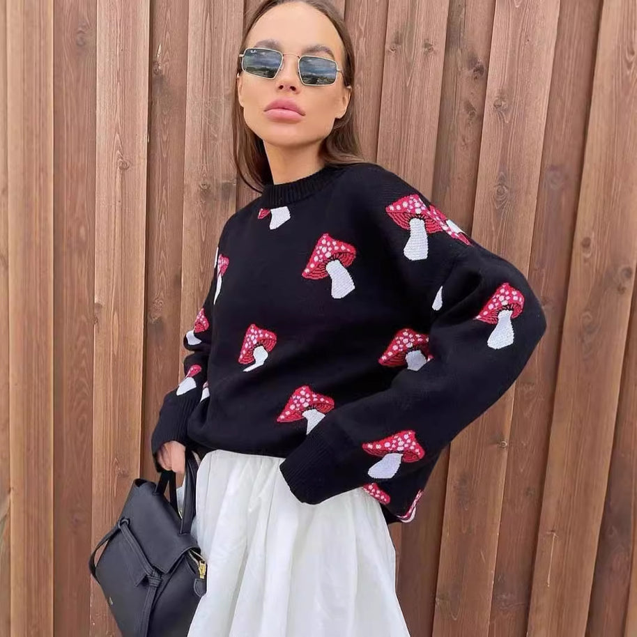 Damen Strickpullover mit verspieltem Pilzmotiv WW