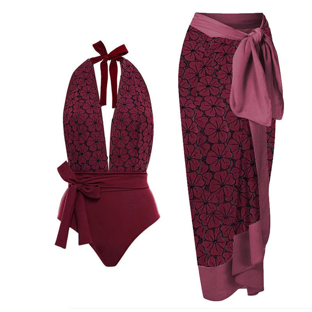 Damen Badeanzug mit elegantem Wickelrock und floralen Akzenten WW