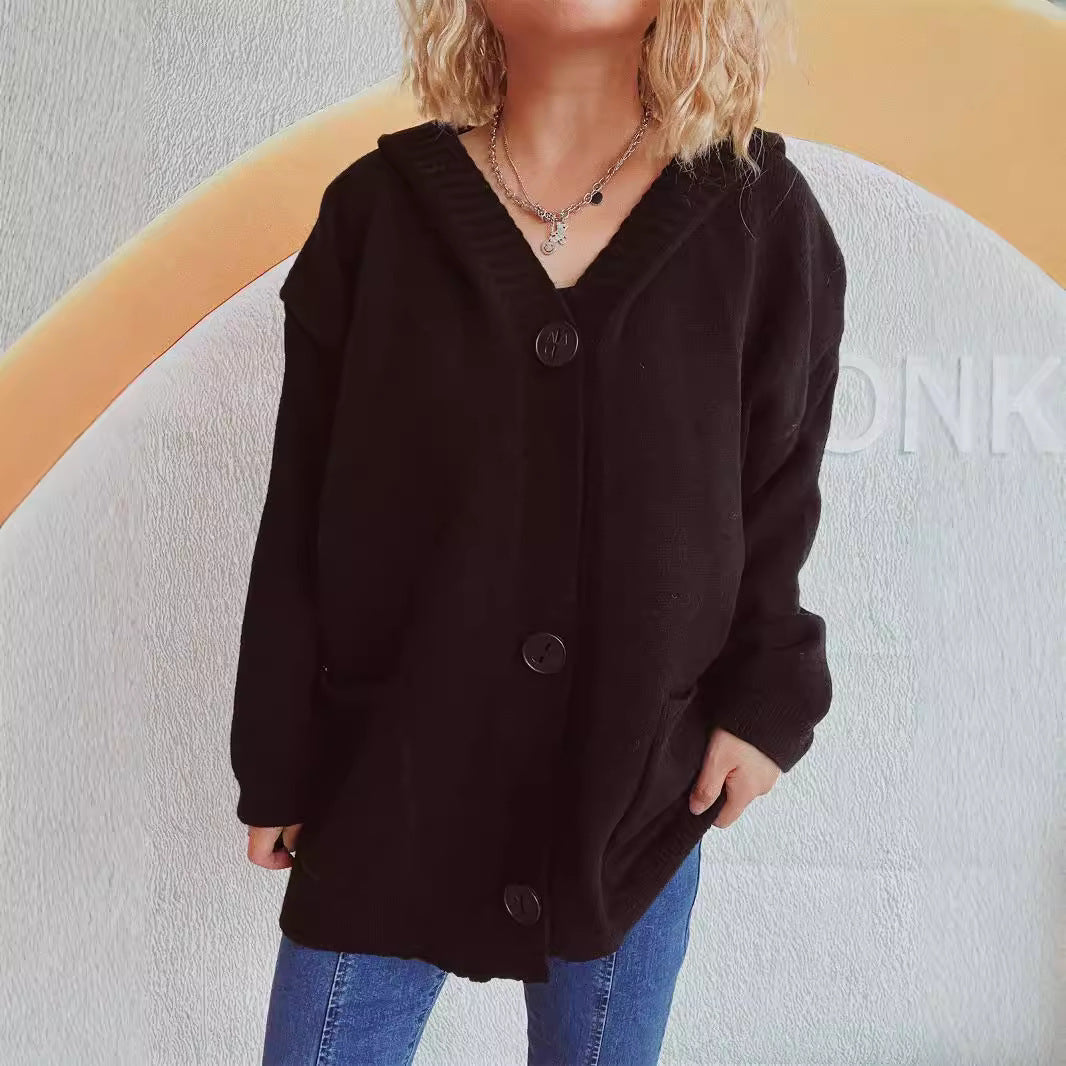 Damen bequeme Strickjacke mit Kapuze und praktischen Taschen WW