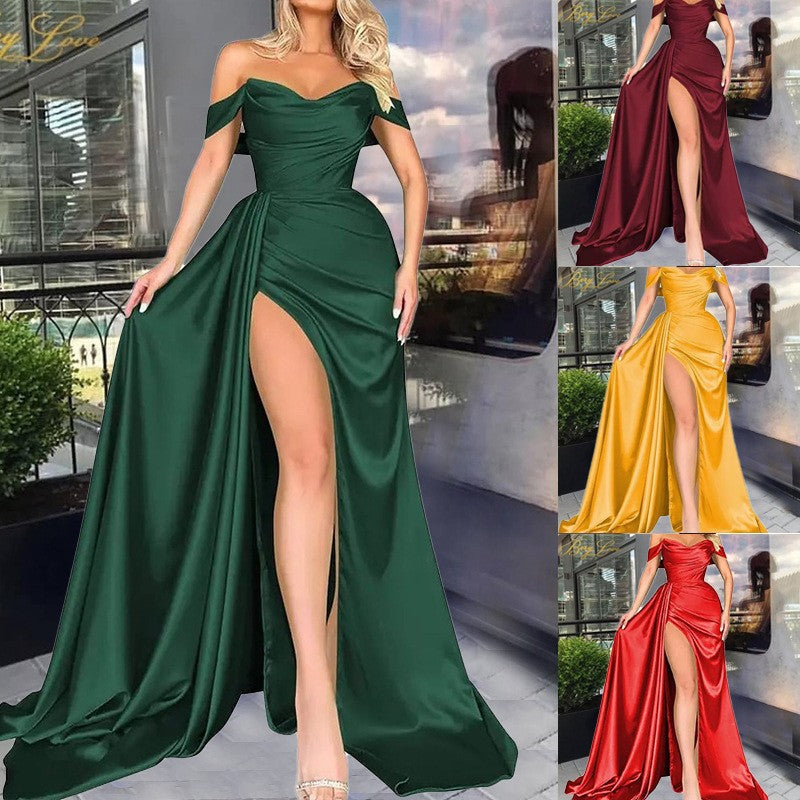 Damen Off-Shoulder Abendkleid mit hohem Beinschlitz und voluminösem Rock W&W Mode