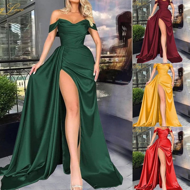 Damen Off-Shoulder Abendkleid mit hohem Beinschlitz und voluminösem Rock W&W Mode
