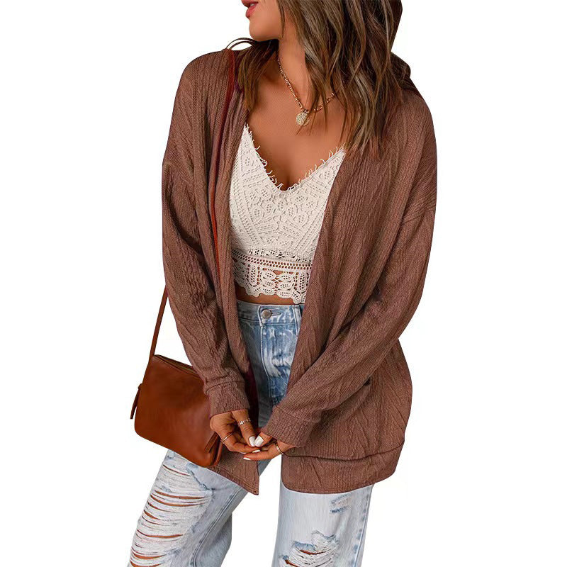 WW | Offene Front Langarm Einfarbige Strickjacke