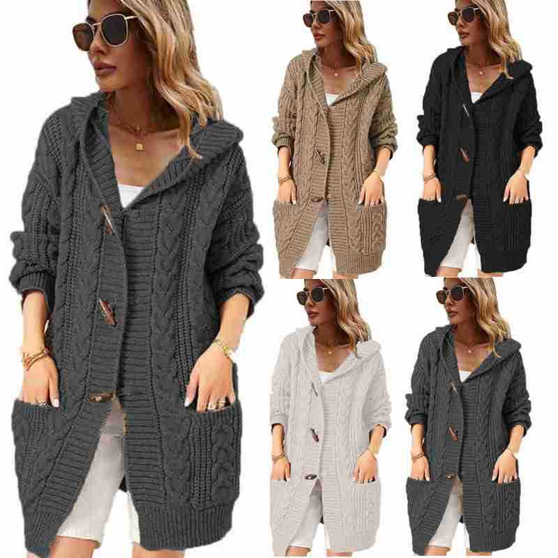 Damen Strickjacke mit Kapuze und Knopfdetails WW