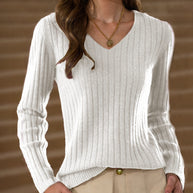 Damen Strickpullover mit V-Ausschnitt und feinem Rippenstrickdesign WW