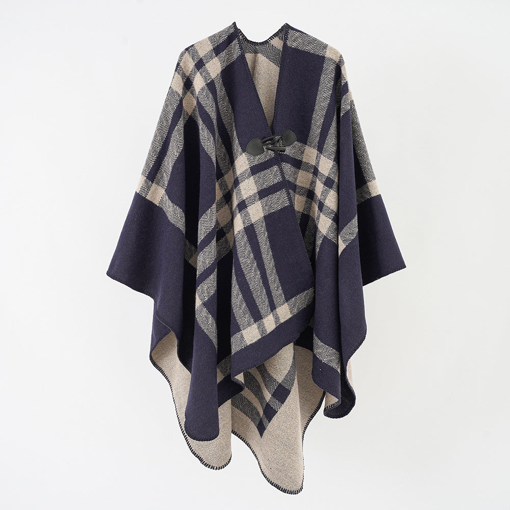 Damen Luxuriöser Geometrischer Poncho aus weichem Material mit dezenter Knopfverzierung WW