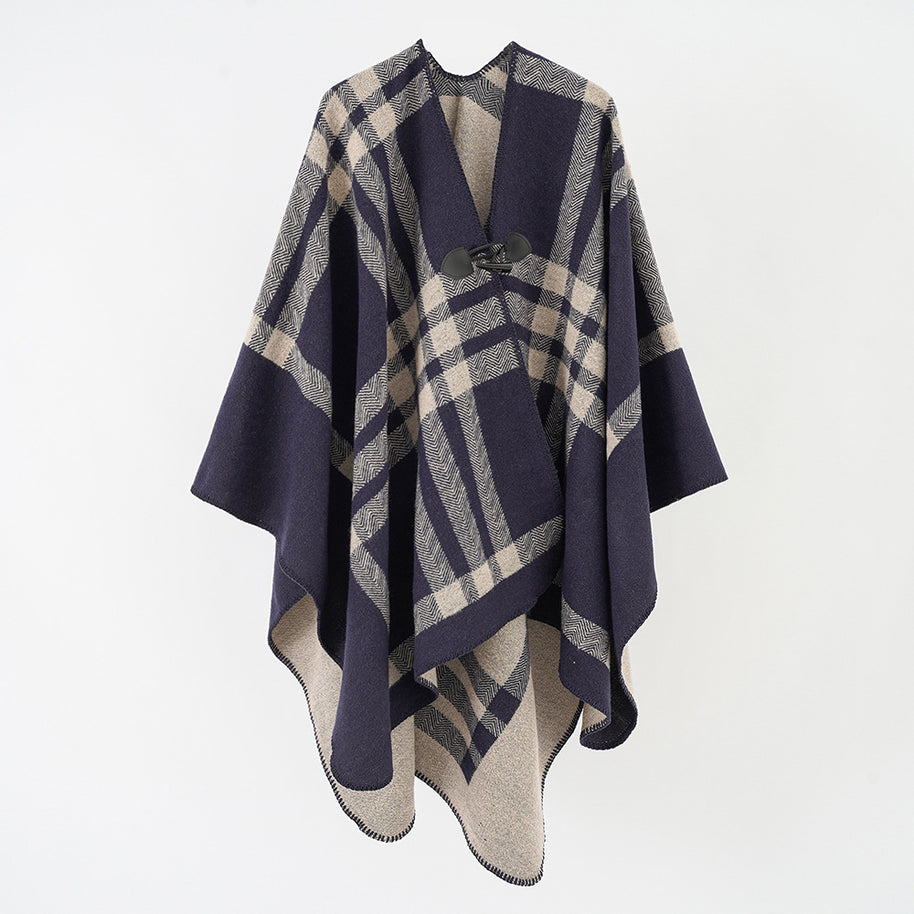 Damen Luxuriöser Geometrischer Poncho aus weichem Material mit dezenter Knopfverzierung WW