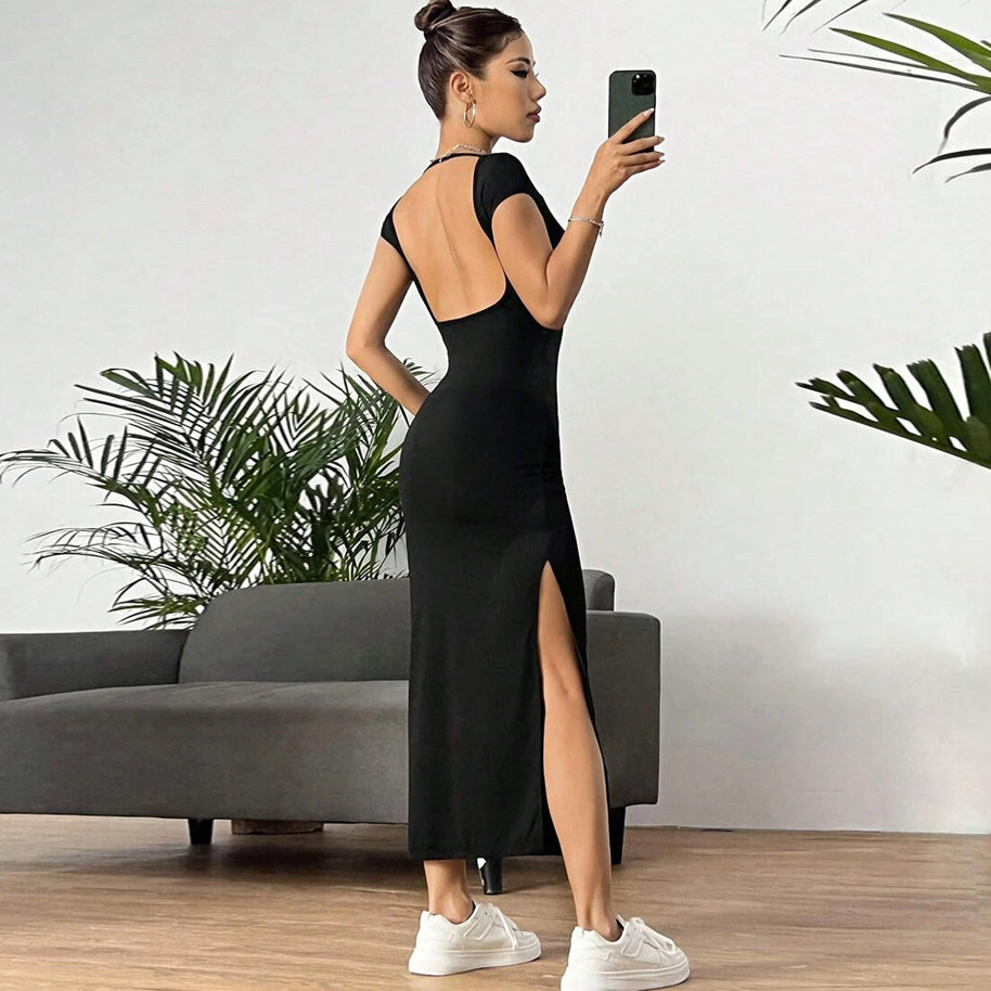 Damen figurbetontes Maxikleid mit kurzem Arm und elegantem Schnitt W&W